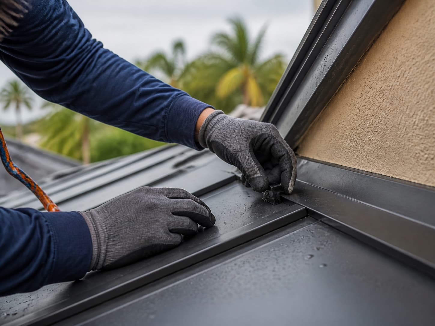 Gloved hands carefully installing a concealed clip on a standing-seam metal roof