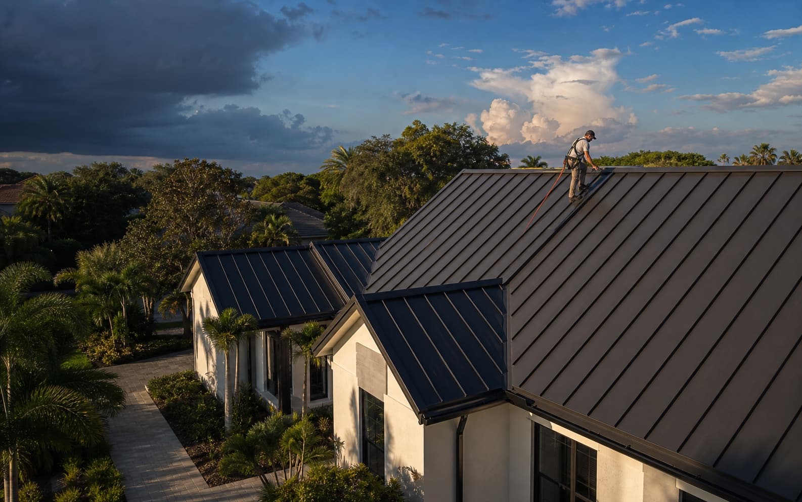 A roofer safely inspecting a new charcoal metal roof on a Central Florida home