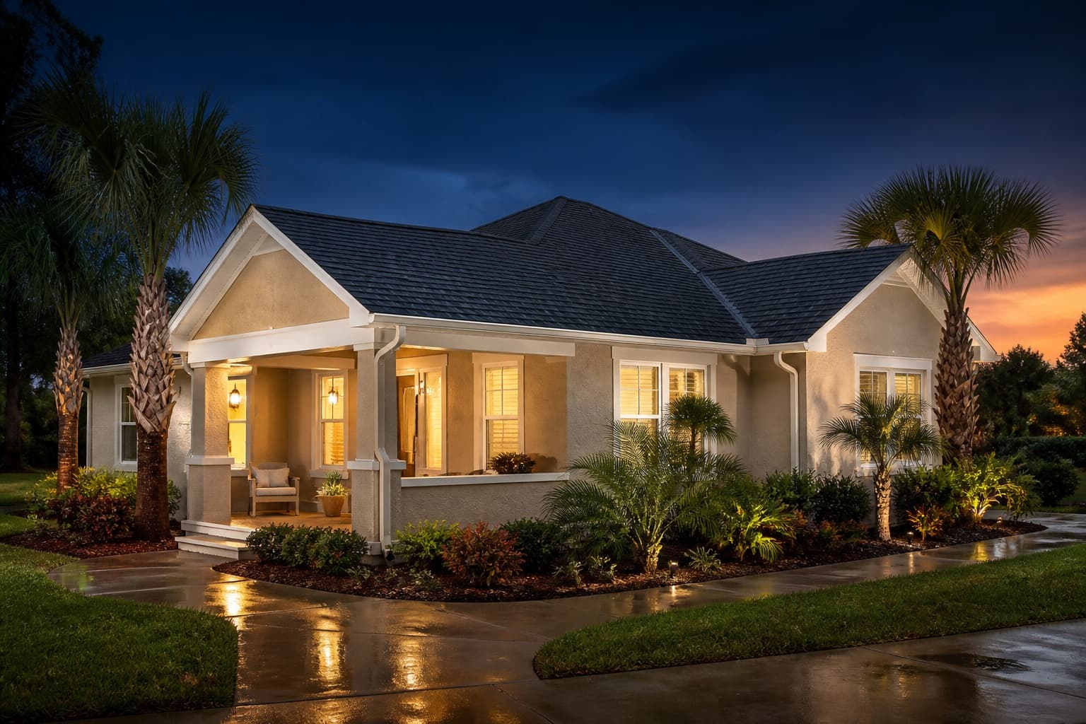 Completed charcoal shingle roof on a warmly lit Florida bungalow after rain